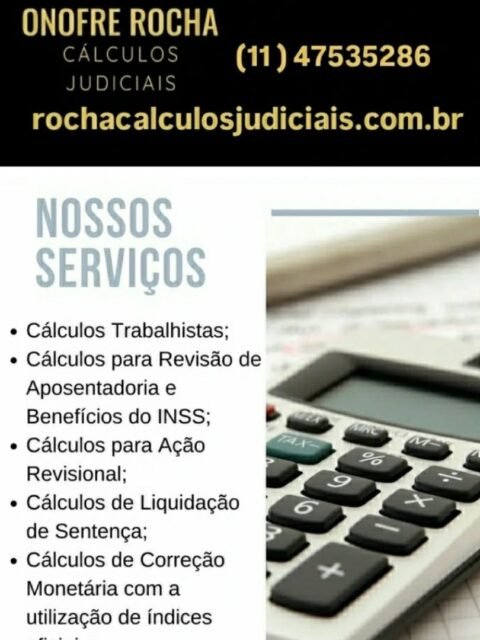 ⚠️ Está precisando de CALCULOS.  Você  ADVOGADO, deixe os seus cálculos judiciais por nossa conta.

👉Nos Fazemos Cálculos Trabalhistas e outros calculos  pelo Sistema PJE-Calc com rapidez e eficiência.

📲Ligue hoje mesmo no WhatsApp (11) 4753-5286

👉E-mails: rochacalculosjudiciais@gmail.com e rochaadvocacia@aasp.org.br
⚠️SITE: rochacalculosjudiciais.com.br

#calculos
#calculosjudiciais
#calculossaopaulosp