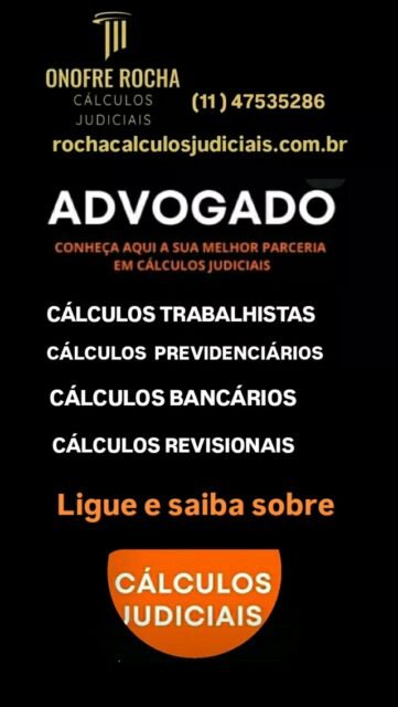 ⚠️ Confie  em quem e especialista no assunto!

🔶️Na rocha calculos entendemos que cada minuto ê preciso.

🔶️Deixe seus cálculos conosco e ganhe tempo para se dedicar  ao que realmente  importa que é  advogar com tranquilidadexcelência. .

📲 Ligue hoje mesmo para rochacalculosjudiciais.com.br ou mande seu Whatsapp 

📲 11 47535286
#rochacalculosjudiciais 
#calculosjudiciaais
#calculosadvogado
#calculostrabalhistas
#calculosinss
calculospertomim
calculosemsaopaulo